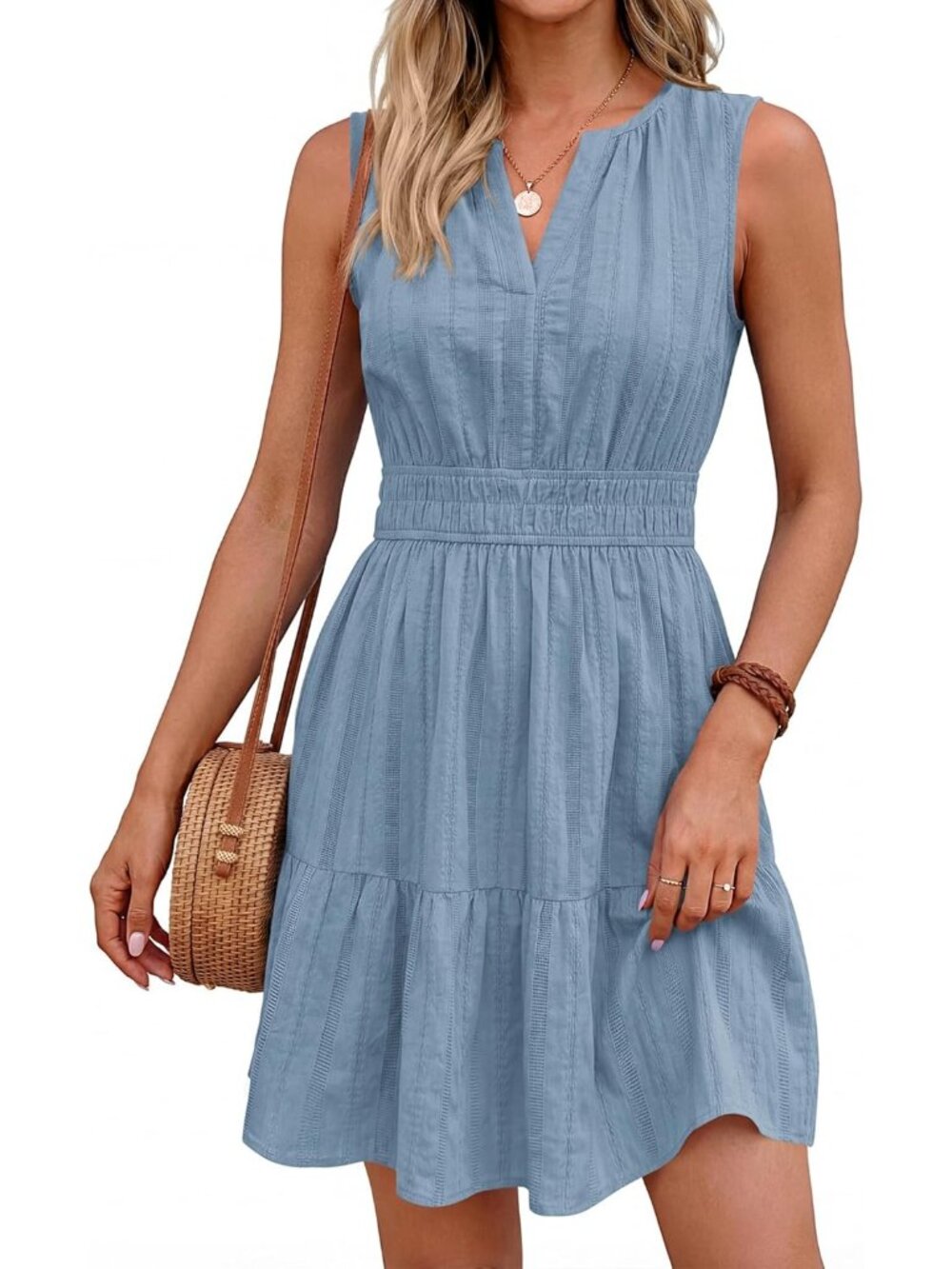 Women's Grey Blue V Neck Casual Sleeveless Summer Boho Pull On Cotton Mini Dress